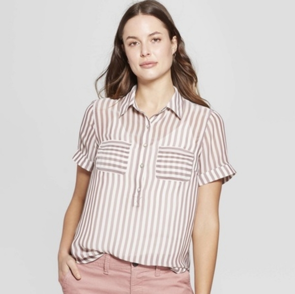 a new day Tops - A New Day Mauve and White Striped Sheer Shirt
